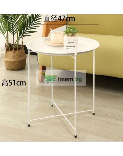 Кръгла метална сгъваема масичка за кафе с поднос за балкон, тераса, бяла